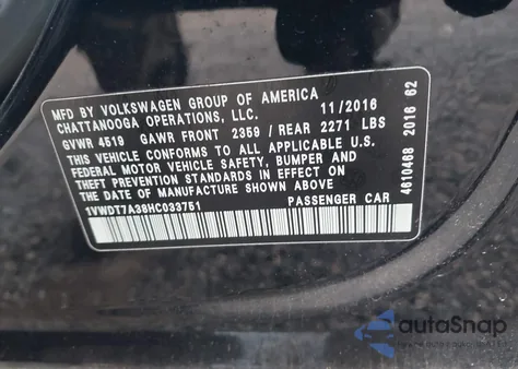 2017 Volkswagen Passat 1.8T R-Line from USA, damaged, VIN 1VWDT7A38HC033751